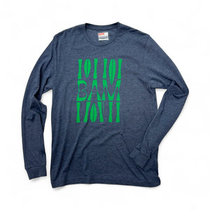 Blue long-sleeve shirt with green text on a white background