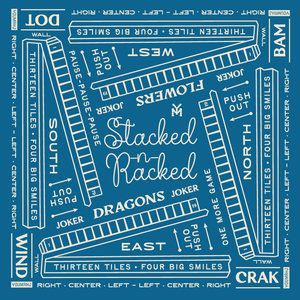 Blue and white graphic design with text and symbols on a blue background