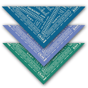 Three triangular bandanas with text and branding on a white background
