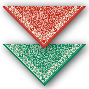 Two triangular bandanas, one red and one green, with a similar pattern on a white background.