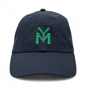 Navy blue cap with green logo on a white background