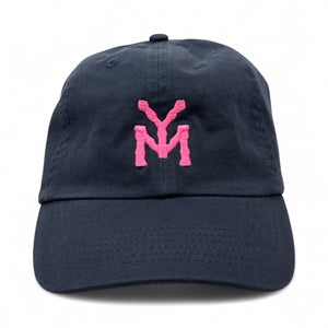 Navy blue cap with pink logo on a white background
