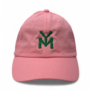 Pink cap with green logo on a white background