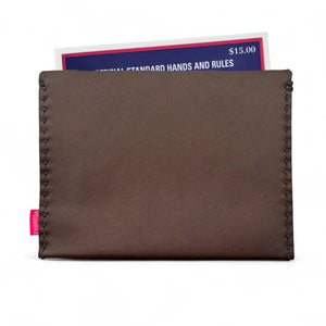 Brown leather wallet with a pink tag on a white background