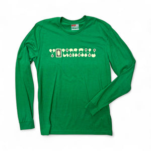 Green long-sleeve shirt with a graphic design on a white background