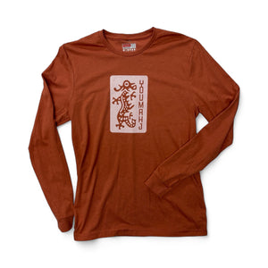 Brown long-sleeve shirt with a graphic design on a white background