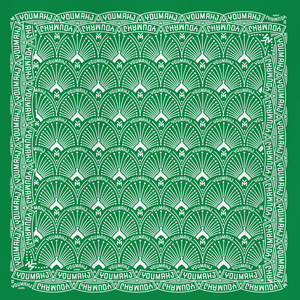 Green bandana with white geometric pattern and 'Youman' branding