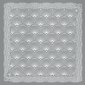 Grey bandana with a white geometric pattern and 'YOUMAHJ' branding.