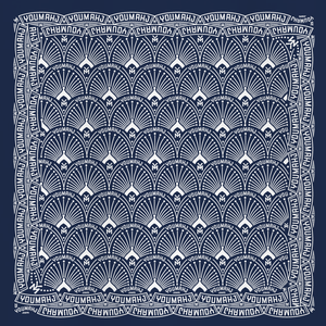 Navy blue scarf with white geometric pattern and 'YOUMAHJ' text