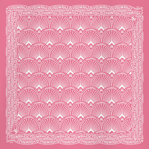 Pink bandana with white geometric pattern and text on a pink background