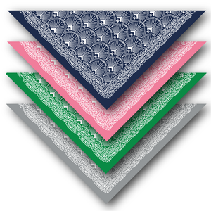 Four scarves in different colors with fan patterns on a white background