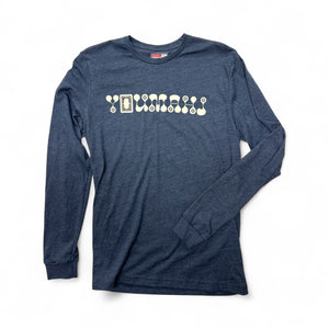 Blue long-sleeve shirt with white graphic design on a white background