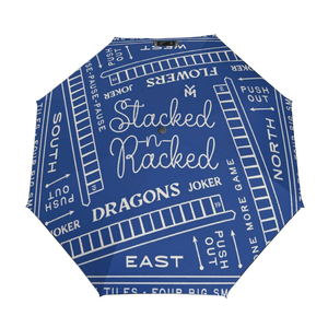 Blue umbrella with white text and design on a white background